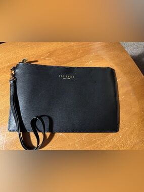 Ted Baker Black Leather Wristlet Clutch with Gold Logo Detail